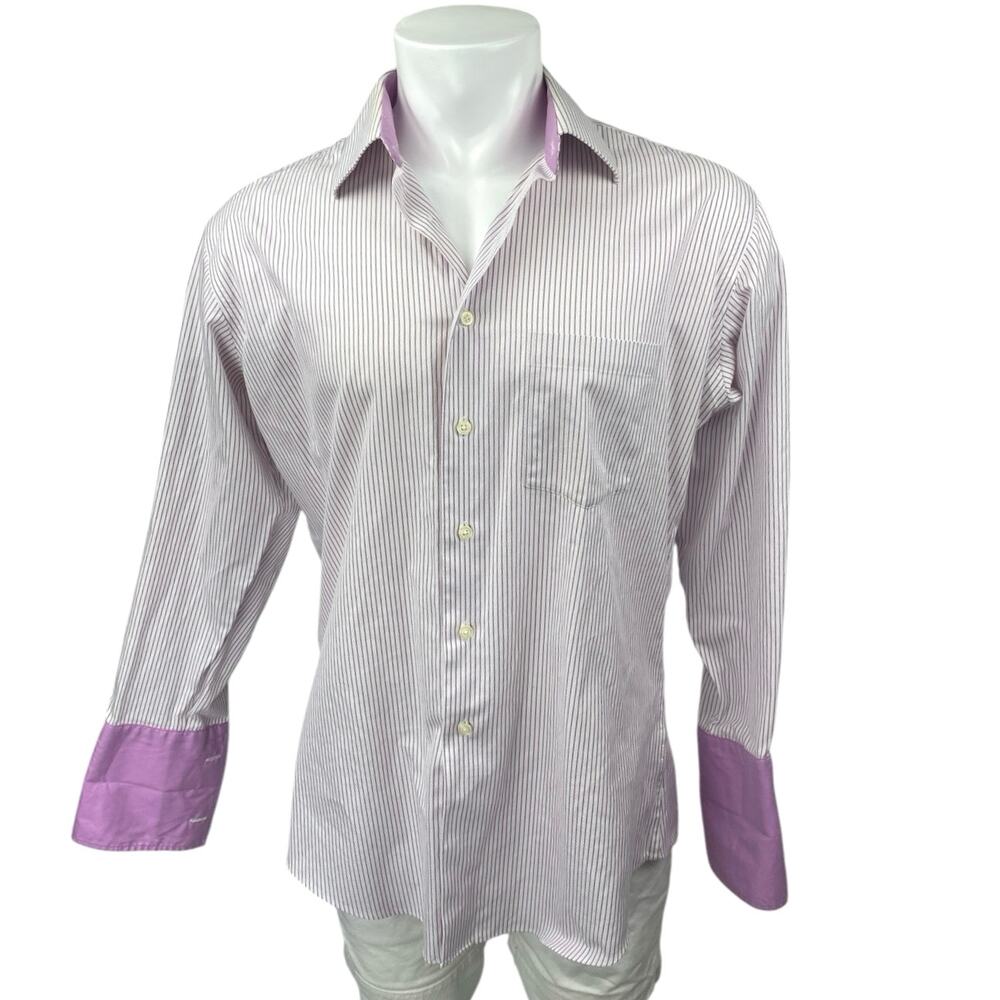 Egara Men's White Purple Striped Long Sleeve Collar Button Pocket Shirt Top 16